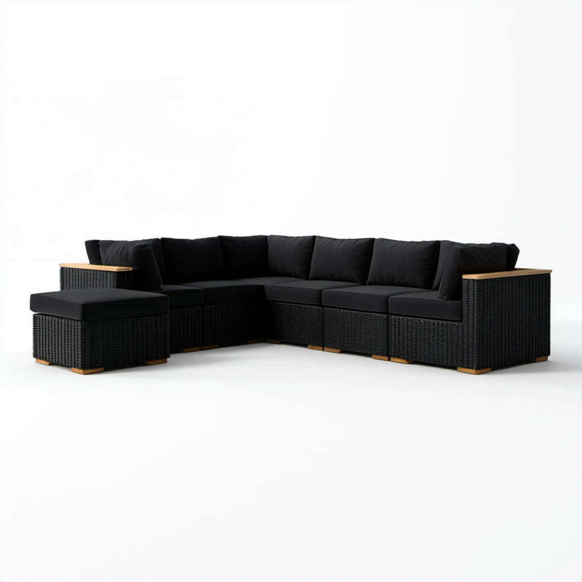 Modułowy narożnik ogrodowy w kształcie L, 5-osobowy, czarny/naturalny, 300 × 220 × 65 cm
