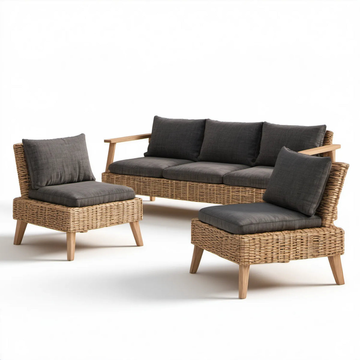 Zestaw ogrodowy z naturalnego rattanu: sofa 3-osobowa 190 x 78 x 78 cm i 2 fotele 76 x 78 x 78 cm, naturalny brąz/ciemnoszary