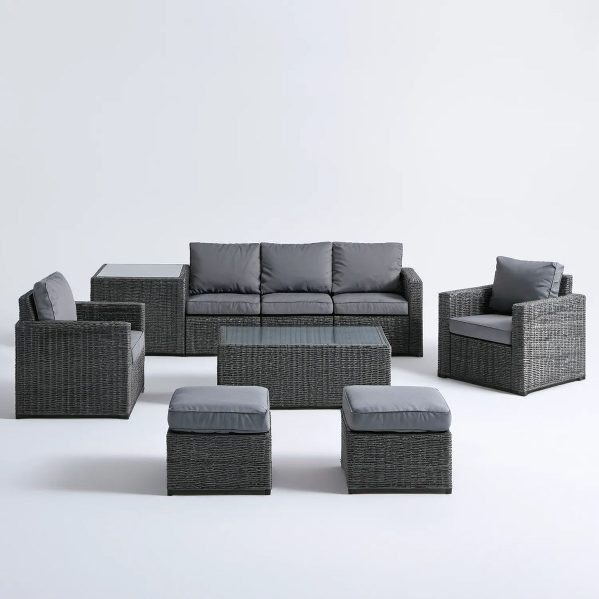 Grafitowo-szary zestaw wypoczynkowy z technorattanu, 7 elementów, sofa 180 × 75 × 75 cm