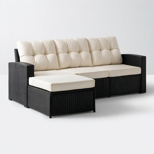 Ogrodowa sofa trzyosobowa z podnóżkiem z technorattanu PE, czarno-kremowa, 180 × 70 × 66 cm