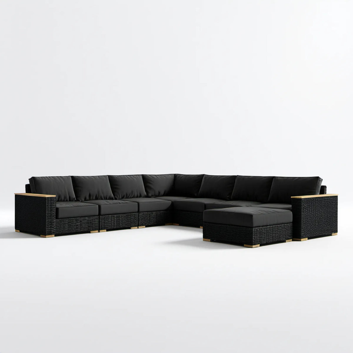 Modułowy narożnik ogrodowy z pufą z technorattanu 300 x 230 x 63 cm Czarny/Beżowy