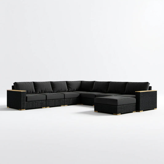 Modułowy narożnik ogrodowy z pufą z technorattanu 300 x 230 x 63 cm Czarny/Beżowy