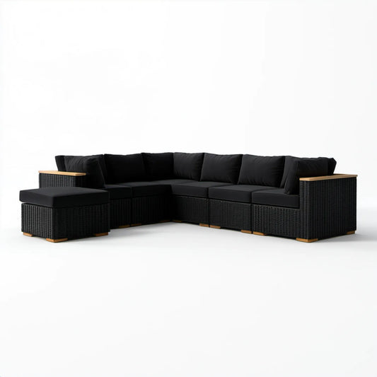 Modułowy narożnik ogrodowy w kształcie L, 5-osobowy, czarny/naturalny, 300 × 220 × 65 cm