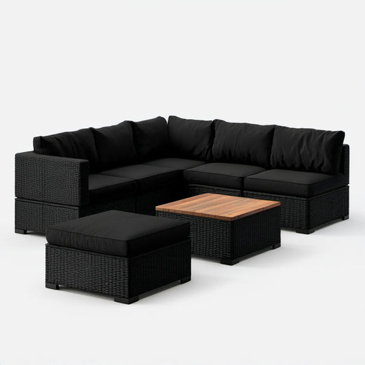Narożny zestaw wypoczynkowy z technorattanu PE, czarny/brązowy, 210 × 210 × 70 cm, stolik 70 × 70 × 35 cm, pufa 70 × 70 × 30 cm