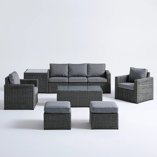 Grafitowo-szary zestaw wypoczynkowy z technorattanu, 7 elementów, sofa 180 × 75 × 75 cm