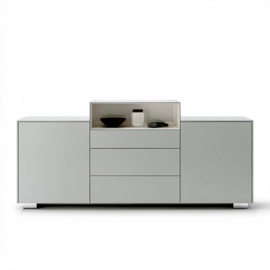 Jasnoszary kredens z płyty MDF 180 x 40 x 90 cm, 2 drzwi i 3 szuflady
