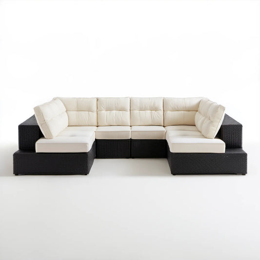 Modułowy zestaw wypoczynkowy z technorattanu czarno-kremowy 300 x 90 x 75 cm