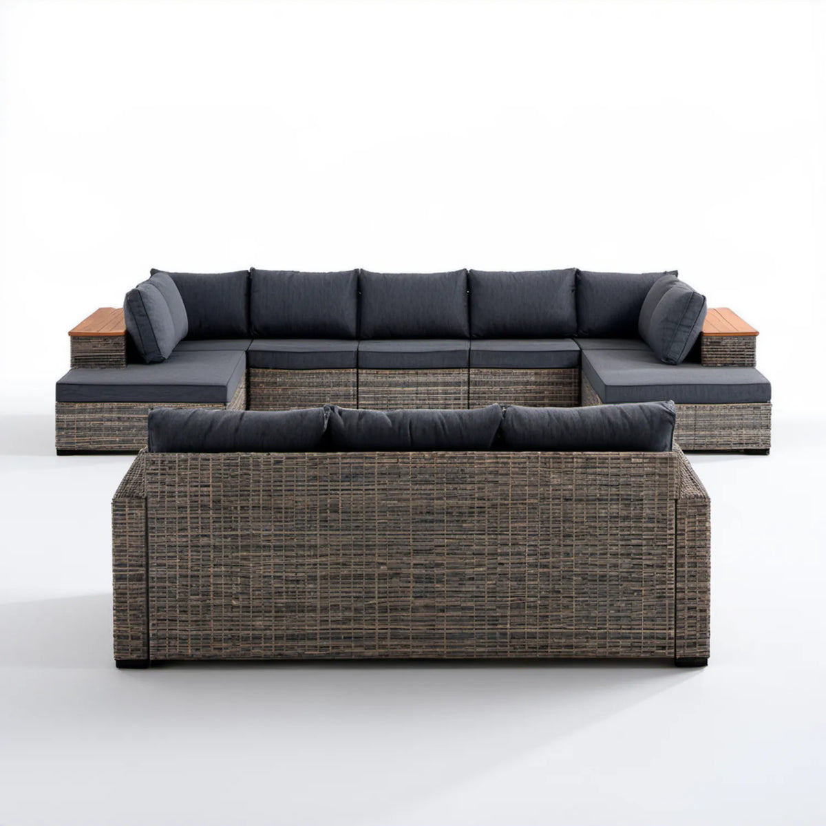 Modułowy zestaw wypoczynkowy ogrodowy w kształcie U z technorattanu PE, szarobrązowy z ciemnoszarymi poduszkami, 330 x 210 x 70 cm
