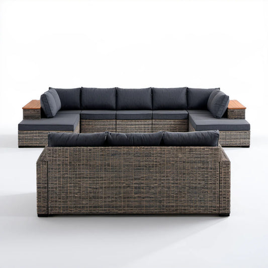 Modułowy zestaw wypoczynkowy ogrodowy w kształcie U z technorattanu PE, szarobrązowy z ciemnoszarymi poduszkami, 330 x 210 x 70 cm
